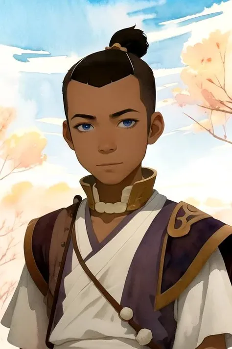 masterpiece, best quality, wallpaper, 1boy, solo, male focus, looking at viewer, upper body, , (watercolor illustration, soft pastel colors:1.1), , <lora:sokka_avatar:0.68>, sokka_avatar, brown hair, blue eyes, , dark skin, greek costume, A magical kingdom where everything is perfect and everyone is happy,