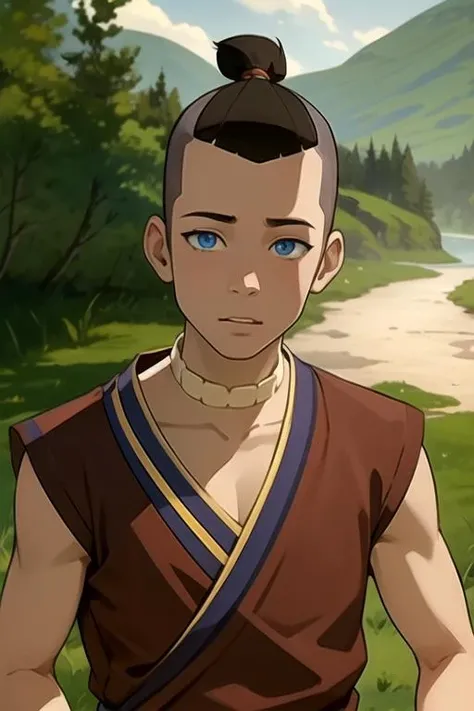 masterpiece, best quality, , 1boy, solo, male focus, looking at viewer, upper body, , ligne claire, realistic, <lora:sokka_avatar:0.76>, sokka_avatar, brown hair, blue eyes, topknot, , teddy bear costume, , 8k resolution