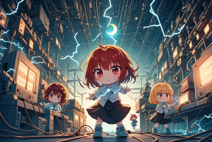 ((masterpiece)), (best quality), official art, extremely detailed CG, unity 8k wallpaper, anime coloring,
multiple girls, 6+girls, straight-on, waterfront promenade, coastal breeze, panoramic views, recreational, night, crescent moon, Weaving spells into fabric, creating enchanted garments and cloaks, polo shirt, long skirt, (Low-top sneakers), neutral expression,,  (chibi:1.4), 
pain,power lines,(((electricity,electric shock,electrokinesis,light background))),electic aura,psychic,plasma,machinery,cable,red monitor,alert,industrial pipe,computer,electric plug,air conditioner,explosion, 
<lora:elePowerPlant:0.5>