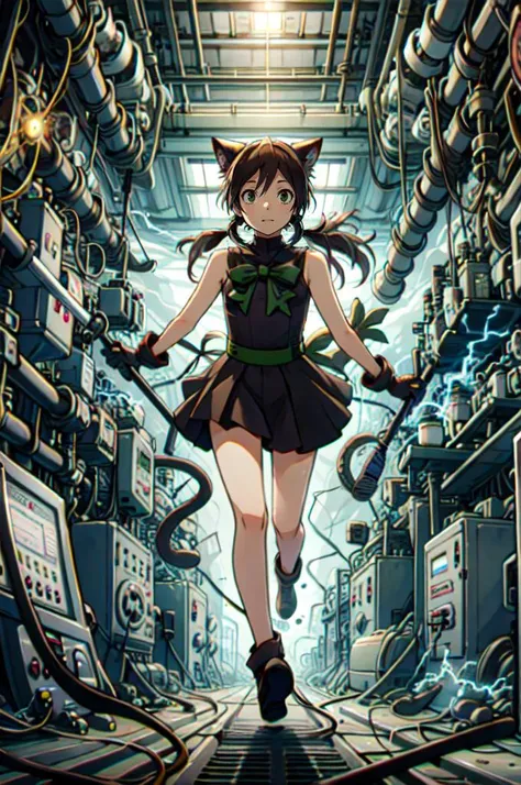 <lora:elePowerPlant:0.6> power lines,running,(((electricity))),machinery,cable,monitor,industrial pipe,computer,electric plug,air conditioner,explosion,hallway,full body,  <lora:RtPL-Rose:1> rose_(riviera), cat_ears, green_eyes, cat_tail, black_hair, green_bow, gloves, green ribbon, black_dress, sleeveless,, ultra detailed, masterpiece, best quality, aesthetic, detailed,
