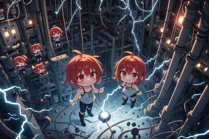((masterpiece)), (best quality), official art, extremely detailed CG, unity 8k wallpaper, anime coloring,
multiple girls, 6+girls, from above, full body, Ghost ship, Chronokinesis (mind over time), Pensive Posture, Character stands with one hand on the chin, lost in thought or contemplation., camisole, leather pants, (Knee-high boots), happy,, (chibi:1.4),
pain,power lines,(((electricity,electric shock,electrokinesis,light background))),electic aura,psychic,plasma,machinery,cable,red monitor,alert,industrial pipe,computer,electric plug,air conditioner,explosion,
<lora:elePowerPlant:0.5>