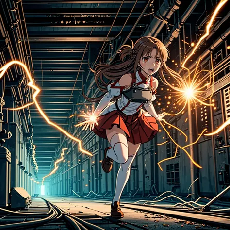 <lora:LCM_LoRA_Weights_SD15:1>,masterpiece,best quality,highly detailed,1girl,solo,scared,panicking,constricted pupils,screaming,raised eyebrows,wide-eyed,crying,tears,
<lora:asuna_(sao)_v1:0.75>,aaasuna,long hair,brown hair,braid,brown eyes,bare shoulders,armor,breastplate,white sleeves,detached sleeves,red skirt,pleated skirt,white thighhighs,
BREAK
<lora:elePowerPlant:0.4>,power lines,running,(((electricity))),machinery,cable,monitor,industrial pipe,computer,electric plug,air conditioner,explosion,hallway,full body,