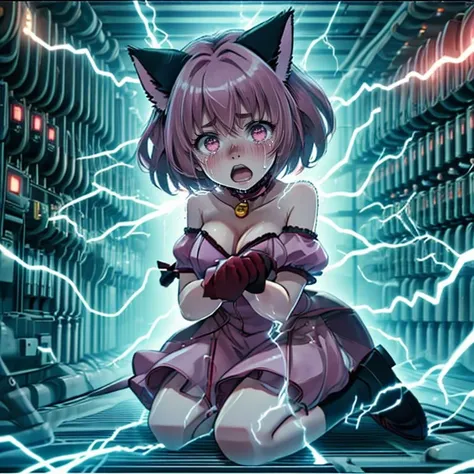 <lora:LCM_LoRA_Weights_SD15:1>,masterpiece,best quality,highly detailed,1girl,solo,(scared,panicking,constricted pupils,screaming,raised eyebrows,wide-eyed,crying,tears),
<lora:momomiya_ichigo_v2:0.75>,blush,bow,cat girl,cat tail,choker,cleavage,detached sleeves,dress,gloves,large breasts,magical girl,mi1,pink choker,pink dress,puffy detached sleeves,puffy sleeves,red gloves,ribbon,tail,tail bell,tail bow,tail ornament,short hair,pink hair,
BREAK
<lora:elePowerPlant:0.5>,pain,power lines,(((electricity,electric shock,electrokinesis,light background))),electic aura,psychic,plasma,machinery,cable,red monitor,alert,industrial pipe,computer,electric plug,air conditioner,explosion,full body,kneeling,