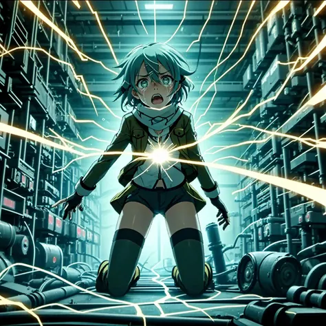 <lora:LCM_LoRA_Weights_SD15:1>,masterpiece,best quality,highly detailed,1girl,solo,(scared,panicking,constricted pupils,screaming,raised eyebrows,wide-eyed,crying,tears),
<lora:sinon_v5:0.75>,sinon1,scarf,fingerless gloves,long sleeves,short shorts,hair ornament,hairclip,green thighhighs,green jacket,thigh strap,
BREAK
<lora:elePowerPlant:0.5>,pain,power lines,(((electricity,electric shock,electrokinesis,light background))),electic aura,psychic,plasma,machinery,cable,red monitor,alert,industrial pipe,computer,electric plug,air conditioner,explosion,full body,kneeling,