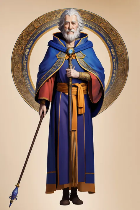 (masterpiece), (best_quality), (ultra-detailed), (illustration), (welcoming) 1boy, old wizard, colorful robes, holding a staff, nice hands, detailed hands, (full body:1.4), official art, vivid color, finely detailed, hyper detailed, 8k, high resolution illustration, absurdres, intricate detail<lora:GoodHands-alpha2:1>