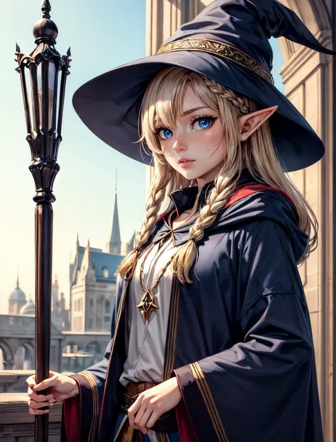 solo female elf, wizard hat, wizard robe, black cat on shoulder, mage staff, blue eyes, fair skin, blonde braided long hair, <lora:add_detail:0.75> <lyco:GoodHands-beta2:1.0>