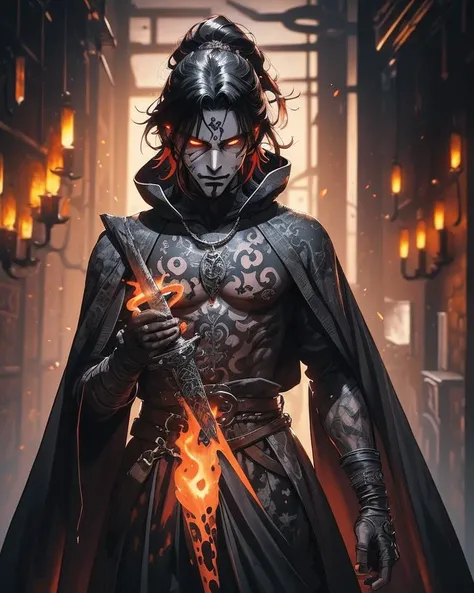 illustration of a male rogue with gothic tattoos in a dark alley holding a dagger in his hand and a hood on his head and a mouth mask, dark rogue leather armor, diablo game inspiration, dark concept art, hell in earth, (lava illumination, fire aura:1.1), hellish atmosphera, manly, sfw, hiding in the dark, skulls hanging from the ceiling, (style of Hans Bellmer, Ink Blot, colorful:1.4), masterpiece, best quality, (medieval inspiration:1.2)
defined face, visible face, masterpiece, best quality <lyco:GoodHands-beta2:1.0> <lora:Chinese style_20230607154437:0.75>