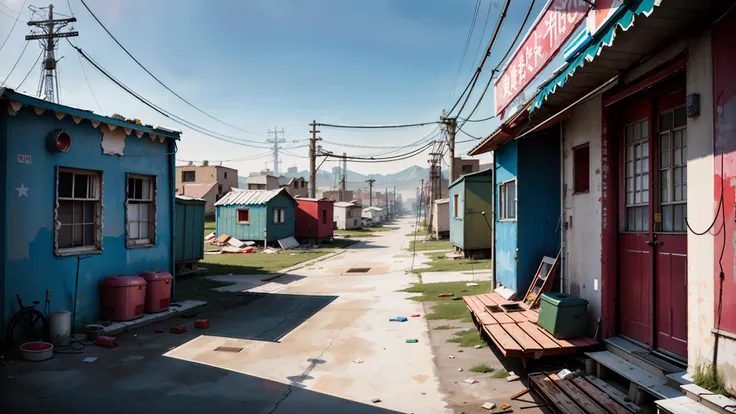 cel shading, (masterpiece), (best_quality), (illustration), anime background, official art, cinematic angelic location design, a (Sovietwave:1.3) (shanty town:1.3), fantasy