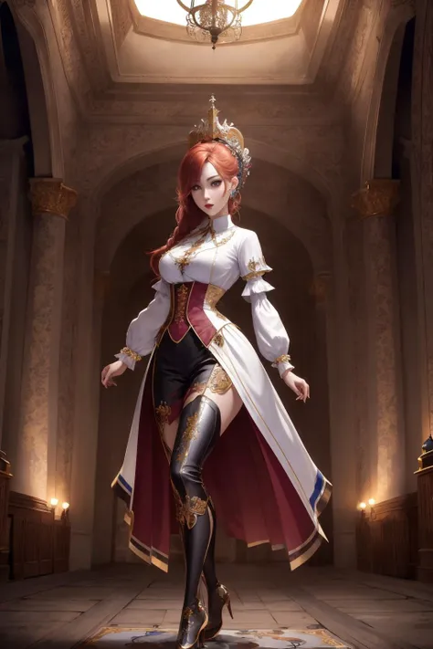 (masterpiece), (best_quality), (ultra-detailed), (illustration), (welcoming), 1girl, (evil swashbuckler:1.3), (in a Tudor, stellar swamp:1.3), (full body:1.4), red hair with peach highlights, french braids,pixie cut, dark lipstick, , gray eyes, pose, [:colorful costume design:0.2], , (small breasts:1.5), narrow waist, tall, athletic hourglass figure,skindentation, (silk shirt:1.2), korean, official art, vivid color, finely detailed, hyper detailed, 8k, high resolution illustration, absurdres, intricate detail<lora:EnvyColdShower_v11:2>