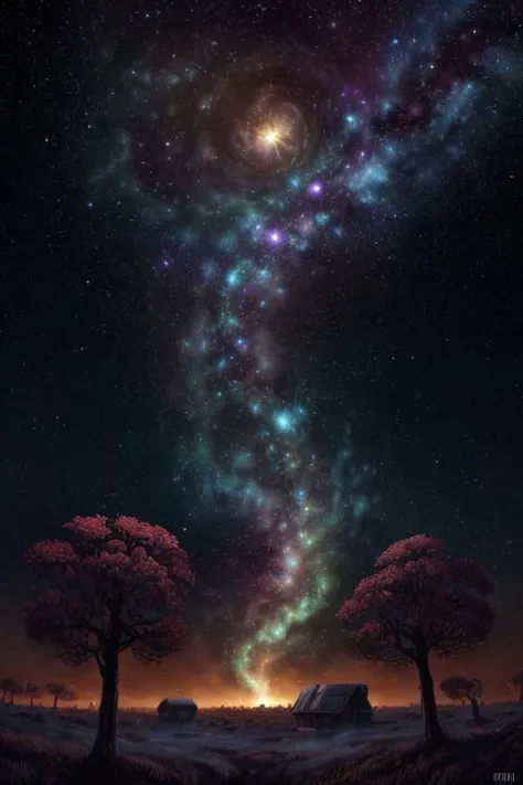 A Quasar, quantum star, NASA, digital art. Artwork by Dan Mumford and Pixar Ghibli and Disney animation. 4K UHD image is a cute cthulhu in the sky with many small trees that looks like it's from borderlands and by Frank Frazetta, bloom, dramatic lighting. Unreal Engine 5 render. High quality illustration. Trending <lora:Details:0.85>