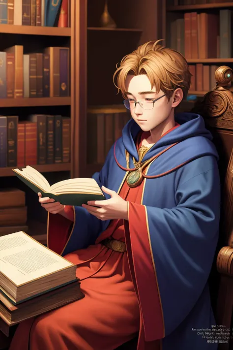 (masterpiece), (best_quality), (ultra-detailed), (illustration), (welcoming) 1boy, 22-year-old wizard, colorful robes, sitting in his arcane study, reading an old book, bookshelves, potions, arcane apparatus<lora:GoodHands-alpha2:1>