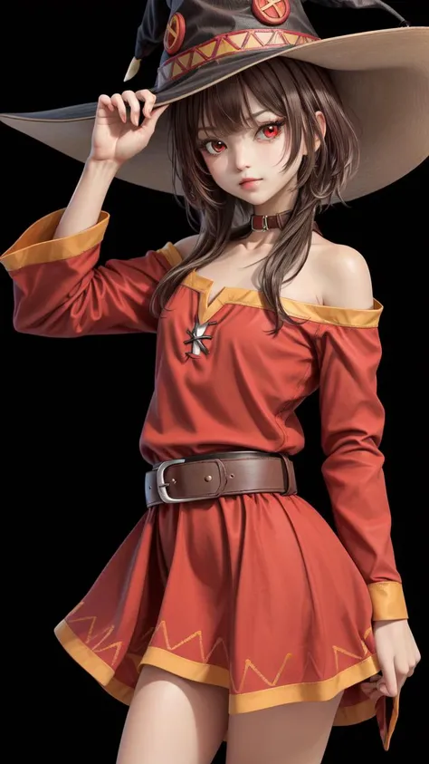 <lora:GoodHands-vanilla:0.7>, (masterpiece, 4k, best quality:1.2, ((cowboy shot)), best quality:1.2, NICE HANDS, COLORFUL, (perfect hands, perfect anatomy)), megumin, short hair, dress, red dress, hat, witch hat, belt, ((simple background, black background))