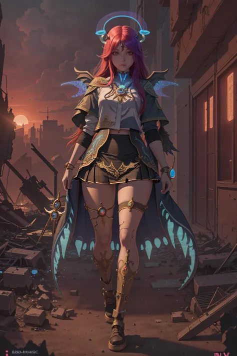 (masterpiece), (best_quality), (ultra-detailed), (illustration), (welcoming), 1girl, (bioluminescent chronomancer runemaster:1.3), (in a  war-torn city:1.3), (full body:1.4), crimson hair with sunset highlights, very long hair, [:casual, colorful costume design:0.2], tattoos,shawl, small breasts, narrow waist, tall, toned perfect hourglass figure,skindentation, ((short skirt:1.5):1.2), , official art, vivid color, finely detailed, hyper detailed, 8k, high resolution illustration, absurdres, intricate detail<lora:EnvyGoddessMix01:1>