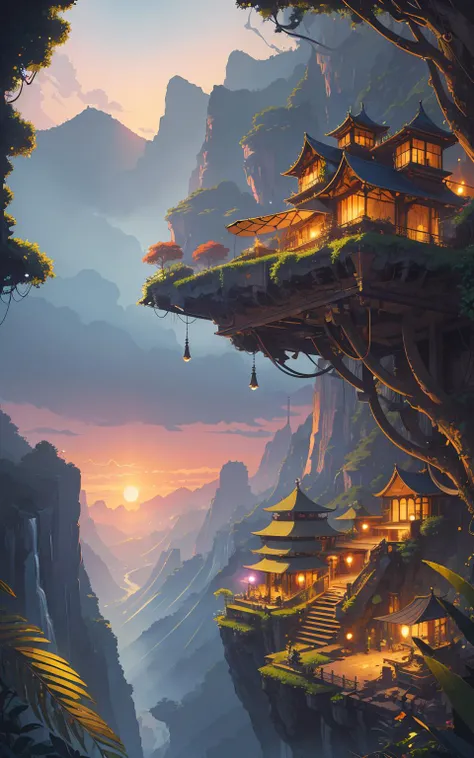 (masterpiece), (best_quality), (ultra-detailed), (illustration), (welcoming), dizzying location design,sunset, a Fanfare jungle, official art, vivid color, finely detailed, hyper detailed, 8k, high resolution illustration, absurdres, intricate detail