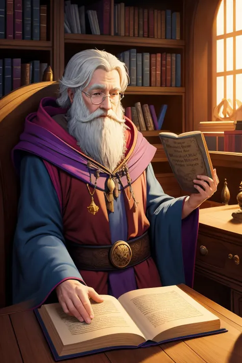 (masterpiece), (best_quality), (ultra-detailed), (illustration), (welcoming) 1boy, old wizard, colorful robes, sitting in his arcane study, reading an old book, bookshelves, potions, arcane apparatus<lora:GoodHands-alpha2:1>