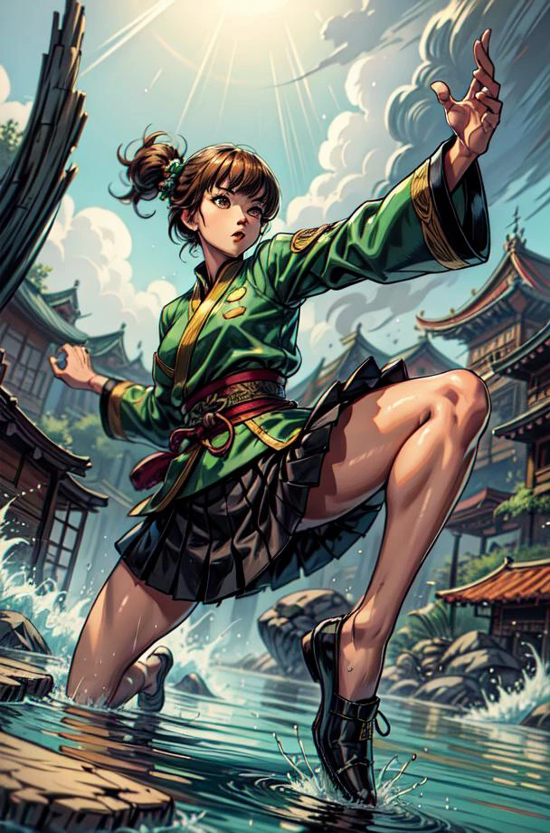 1980s \(style\), (80s anime style), ( <lora:SatonakaChieLORA:0.7> satonaka chie), (female) that wears green jacket, (black skirt and shoes), dyed light brown bowl-shaped hair, brown eyes, (style-swirlmagic:0.7), looking at viewer, solo, (full body:0.6), detailed background, detailed face, (mongolian steppe nomad theme:1.1), martial artist, dynamic pose, fighting stance, (kicking) colorful martial arts themed clothes, monk robes, watery swamp in background, swirling floating particles, dynamic composition, epic eastern medieval atmosphere,
high quality, highres, <lora:more_details:0.7>, fcPortrait, <lyco:EnvyFantasyMix01:0.2>, masterpiece,