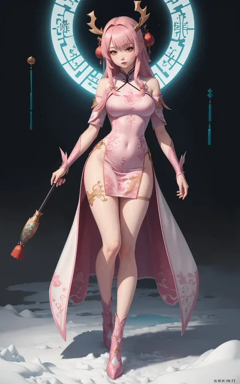 (masterpiece), (best_quality), (ultra-detailed), (illustration), (welcoming), 1girl, (arcane warrior merchant:1.3), (in the bountiful frozen tundra:1.3), (full body:1.4), thigh gap, pink hair, very long hair,parted bangs, lipstick, , pink eyes, pose, [:wild costume design:0.2], zettai ryouikia, medium breasts, wide hips, narrow waist, athletic perfect hourglass figure,(muscular legs:0.25), skindentation, ((china dress:1.2):1.2), chinese, official art, vivid color, finely detailed, hyper detailed, 8k, high resolution illustration, absurdres, intricate detail lora:EnvyPrincessMix:0.3><lora:cutemix5:0.5>