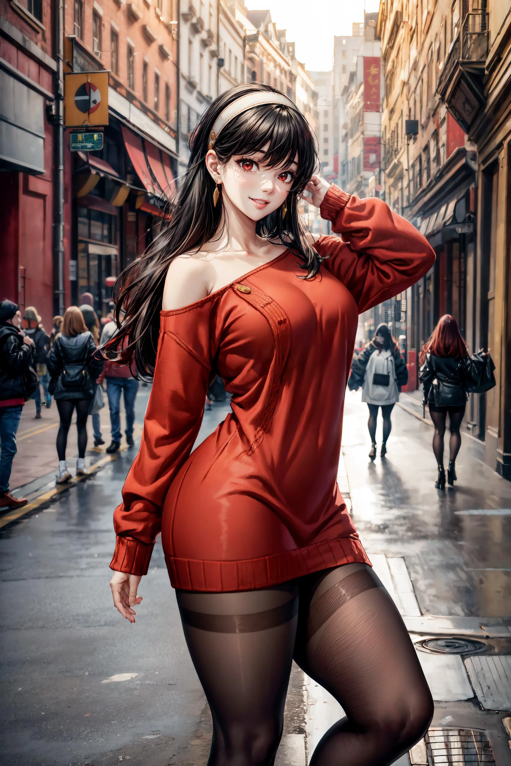 1girl,yor briar,white hairband,(red sweater:1.3),black hair,red eyes,(pantyhose),(small breasts:1.3),happy face,smile,smiling,happy expression,thicc,(thick thighs),curvy,standing,walking,giving hand,hand viewer,foreshortening,outdoors,crowd,city,(from side:1.3),masterpiece,extremely detailed CG unity 8k wallpaper, best quality,32k,focus sharp, <lora:YorForger-sver:1>, <lora:add_detail:1>, <lora:Light and Shadow:0.5>,