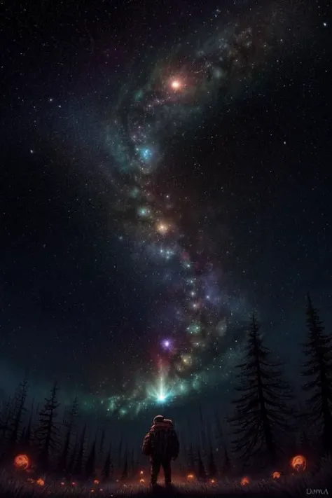 A Quasar, quantum star, NASA, digital art. Artwork by Dan Mumford and Pixar Ghibli and Disney animation. 4K UHD image is a cute cthulhu in the sky with many small trees that looks like it's from borderlands and by Frank Frazetta, bloom, dramatic lighting. Unreal Engine 5 render. High quality illustration. Trending <lora:Details:0.85>