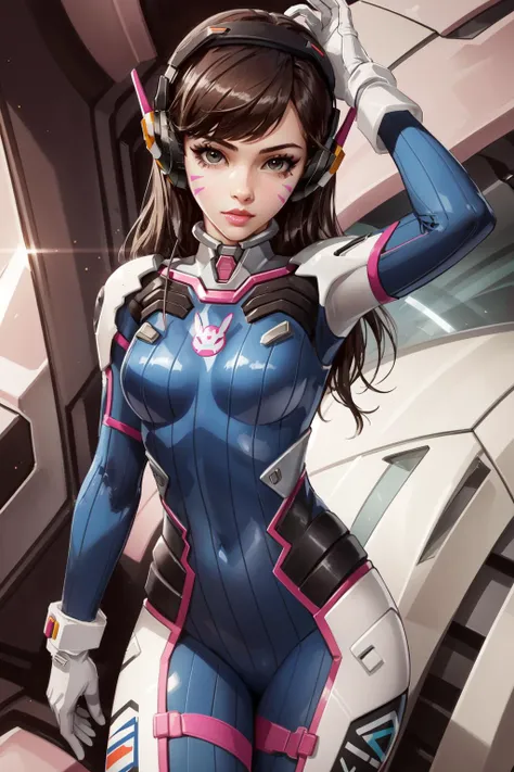 (masterpiece, best quality),  intricate details,
1girl,   <lora:dva:0.8> 1girl, d.va (overwatch), solo, long hair, whisker markings, bodysuit, brown hair, facial mark, gloves, breasts, brown eyes, pilot suit, cowboy shot, headphones, white gloves, medium breasts, swept bangs, skin tight, animal print, bangs, bunny print, ribbed bodysuit, facepaint, pink lips,