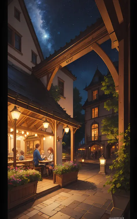 (masterpiece), (best_quality), (ultra-detailed), (illustration), (welcoming), gorgeous location design, a glowing, stellar outdoor Cafe, official art, vivid color, finely detailed, hyper detailed, 8k, high resolution illustration, absurdres, intricate detail