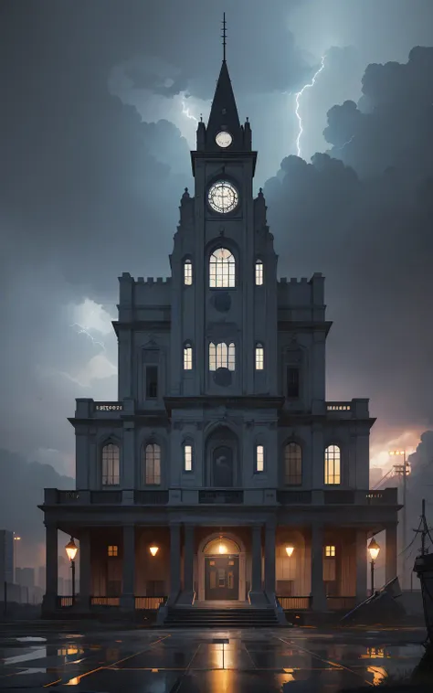 (masterpiece), (best_quality), (ultra-detailed), (illustration), (welcoming), creative location design,thunderstorm, a desolate high school, official art, vivid color, finely detailed, hyper detailed, 8k, high resolution illustration, absurdres, intricate detail