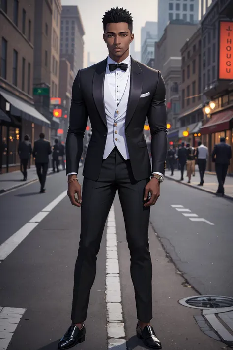 (masterpiece, best_quality, ultra-detailed, immaculate:1.3), 1boy, man, (full body:1.3), nightclub owner, handsome, refined, on a city street, african american, dark skin