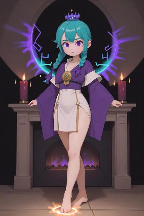 (masterpiece, best_quality, ultra-detailed, immaculate:1.3), epic, illustration, 1girl, (full body:1.3), dark sorceress, (flowing dress:1.3),(huge opulent crown:1), , (Huge ominous hourglass,Grand fireplace with eerie purple flames,Glowing Hexagrams:1.3),In a mad scientist's laboratory, at a park, bombshell hair, matte aqua hair, side ponytail,Basket Weave Braid, standing on one leg<lyco:EnvyCuteMix10:1>