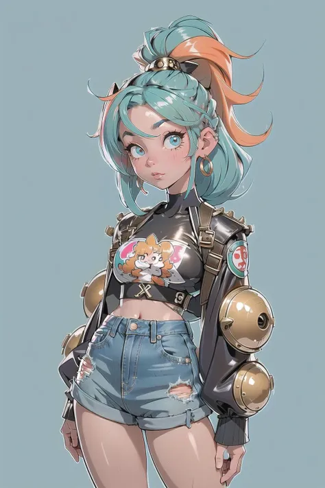 (masterpiece, best_quality, ultra-detailed, immaculate:1.3), epic, illustration, punk rocker bad girl, 1girl, full body, [:skimpy costume design,:0.2], official art, chinese, bombshell punk hair, goldenrod hair, Bun,bombshell curly hair, creepy peach lighting from above, torn denim shorts, in front of a  school, bombshell hair, sea green hair with blue-grey highlights, bombshell hair,Tapered Cut, \o/<lora:EnvyBeautyMix23:1>