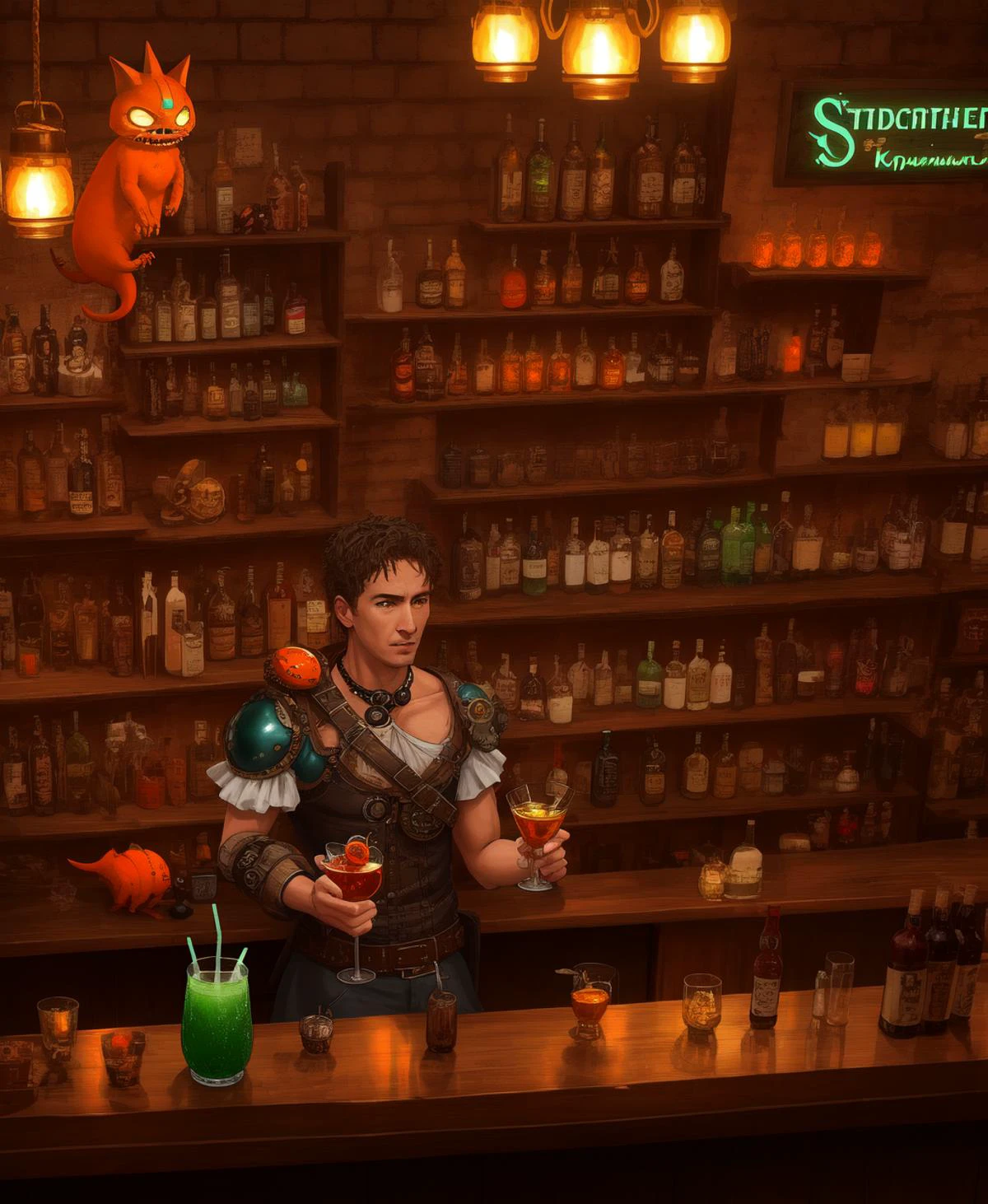 RAW Photo shot from above, score_9, score_8_up, score_7_up, pathfinder kobold,k0bold,green eyes,(orange skin), working as a bartender, making a cocktail at a highly detailed steampunk bar, silver drink shaker, complicated martini, white towel over a shoulder, compassionate, talking to steampunk customers, in the style of the movie blade runner directed by Ridley Scott and Akira Kurosawa,
Expressiveh, <lora:detailed_notrigger:.8>, <lora:Expressive_H-000001:.25>, <lora:k0bold:1>, <lora:Into_Darkness:1>, <lora:SDXLFaeTastic2400:1>, zPDXLrl