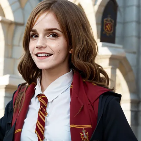 best quality,ultra-detailed,(photorealistic:1.37), Hermione Granger, smiling, tight clothes, upper body in Hogwarts uniform,front view,skirt, t-shirt,Hogwarts background, sitting on bench, outdoor
