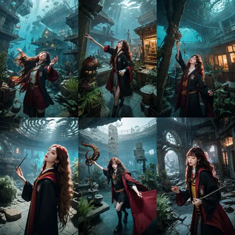 (otherworldly, otherworldly atmosphere, otherworldly appearance), highly insanely detailed, masterpiece, top quality, best quality, highres, 4k, 8k, RAW photo, ((ancient egyptian theme:1.2)), 
(mystical theme), mystical gatmosphere, arcane sanctuaries, otherwordly aura, 
(long_hair, long hair, random colors hair, glowing hair, hair over one eye, long messy hair), 
(eyelashes, eyeliner, eyeshadow, eyelashes, long eyelashes), 
collar, earrings, jewelry, necklace, armlet, 
tentacle, (underwater), nsfw, 
Homestay, Resort, Guest House, 
building, structure, still life, swirling energy, 
action pose, 
drunk, closed eyes, 
abandoned building, shopping mall, overgrown with vegetation, [volumetric fog], cinematic lighting, colorful, 
1girl, solo, cosplay, 
gryffindor uniform, hogwarts school uniform, 
looking at viewer, cowboy shot, 
outdoors, photo background, 
<lora:gryffindor uniform_v1_07:0.7>, (fantasy world)