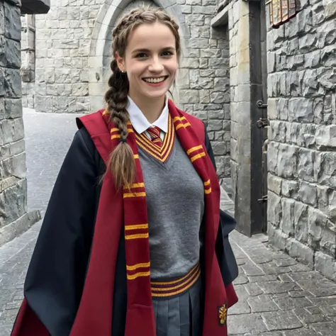 <lora:gryffindor uniform_20240224012317:1> a medium shot of a German woman with braided hair wearing a gryffindor uniform, smiling, 1girl