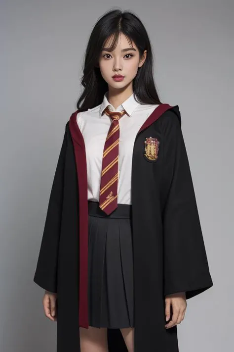 ltra-detailed,highly detailed,best quality,masterpiece,illustration,realistic,photorealistic,
1girl, solo, cosplay,
gryffindor uniform, hogwarts school uniform, school uniform, striped necktie,collared shirt, pleated skirt, robe, long sleeves, coat, open coat,
long hair, bangs,
looking at viewer, standing, cowboy shot,
grey background, simple background,
<lora:gryffindor uniform_v1_02:0.6>