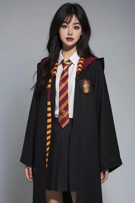 ltra-detailed,highly detailed,best quality,masterpiece,illustration,realistic,photorealistic,
1girl, solo, cosplay,
gryffindor uniform, hogwarts school uniform, school uniform, striped necktie,collared shirt, pleated skirt, robe, long sleeves, coat, open coat,
long hair, bangs,
looking at viewer, standing, cowboy shot,
grey background, simple background,
<lora:gryffindor uniform_v1_02:1.0>