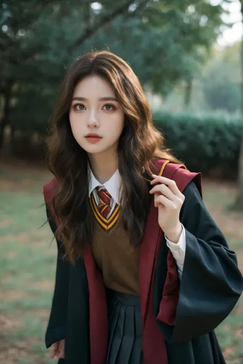 (Best Quality, Masterpiece:1.4), (Realism:1.2), (Realisitc:1.2), (Absurdres:1.2), (photorealistic:1.3), 1 girl,Realistic Skin,Solo,( Very Big Eyes,beautiful detailed eyes, symmetric eyes,), cosplay, gryffindor uniform, hogwarts school uniform, looking at viewer, cowboy shot, outdoors, photo background, <lora:gryffindor uniform_v1_07:0.7>