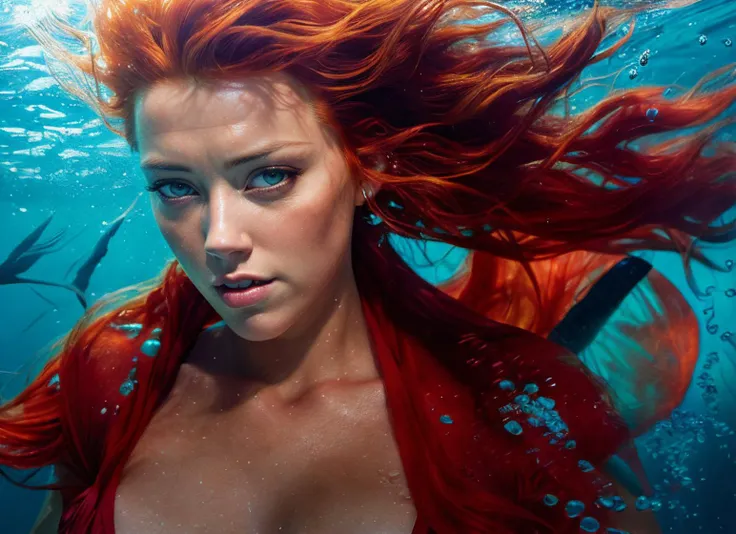 underwater portrait of Amber Heard, redhead, mera, epic (photo, studio lighting, hard light, sony a7, 50 mm, matte skin, pores, colors, hyperdetailed, hyperrealistic), <lyco:Amber Heard:1.0>