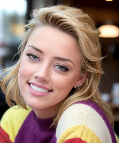 (wide angle) shot of Amber Heard in a cafe. Looking into the camera. (Very colourful makeup). Smiling. Widow's peak. Wearing jeans and a sweater. Daytime, sunshine. Matte skin, pores, hyperdetailed, hyperrealistic. Natural, realistic, photograph. <lyco:Amber Heard:1>