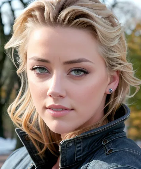 Amber Heard  in the park. Looking into the camera. Dark, smokey makeup. Frowning, cross, pouting, angry. Wearing jeans and a winter coat. Everywhere's covered in snow. Sunshine. Matte skin, pores, hyperdetailed, hyperrealistic. Natural, realistic, photograph. <lyco:Amber Heard:1>