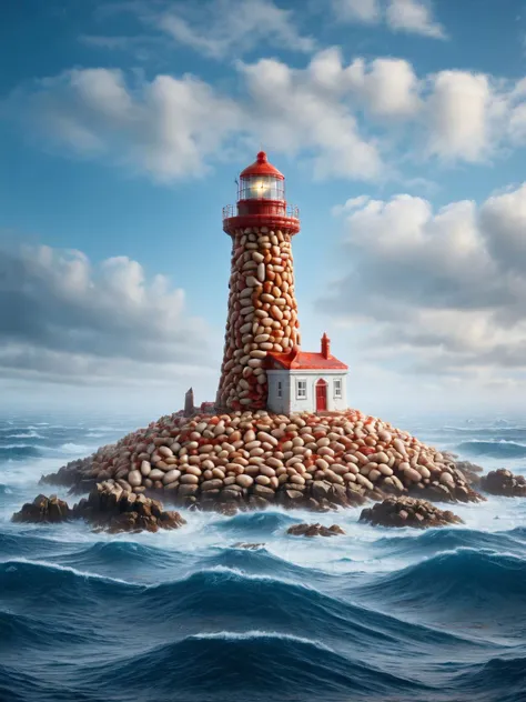 ais-beanz lighthouse, surrounded by rocks and rough ocean <lora:Beanz_Style_SDXL:1>