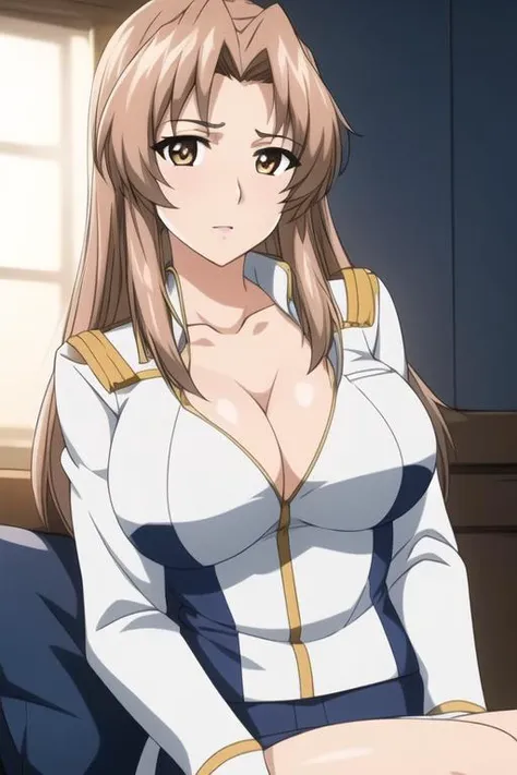 sitting on a White_armchair,
military uniform, military, jacket, white and Blue uniform, pencil_Skirt, collarbone, Deep cleavage,
<lora:Elen_Gregor_Guerilla-KK77-V1:0.6>,<lora:more_details:0.3>,
brown hair, bangs, brown eyes,
1 girl, mature female, milf ,Beautiful Finger,Beautiful long legs,Beautiful body,Beautiful Nose,Beautiful character design, perfect eyes, perfect face, expressive eyes,
looking at viewer, full body, cowboyshot,
official art, extremely detailed CG unity 8k wallpaper, perfect lighting,Colorful, Bright_Front_face_Lighting,shiny skin,
(masterpiece:1.0),(best_quality:1.0), ultra high res,4K,ultra-detailed,
photography, 8K, HDR, highres, absurdres:1.2, Kodak portra 400, film grain, blurry background, bokeh:1.2, lens flare, (vibrant_color:1.2)
(Beautiful,large_Breasts:1.4), (beautiful_face:1.5),(narrow_waist),