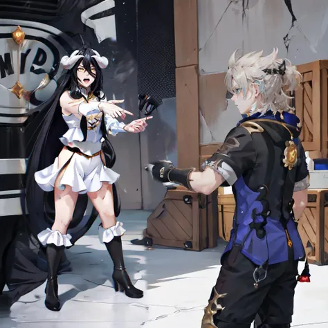 Highly detailed, High Quality, Masterpiece, beautiful, IncursioSpidermanPointing, <lora:PointingSpiderManMeme:1>, albedo_overlord, white horns, black hair, white dress, <lora:Char_Overlord_Albedo:0.7>, pointing, full body, angry,  albedo (genshin impact), gloves, blue shirt, blue eyes, butterfly, shirt, black gloves, short sleeves, bangs, <lora:Char_GenshinImpact_Albedo:0.8>