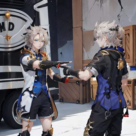 Highly detailed, High Quality, Masterpiece, beautiful, IncursioSpidermanPointing, <lora:PointingSpiderManMeme:1>, multiple boys, albedo (genshin impact), gloves, blue shirt, blue eyes, butterfly, shirt, black gloves, short sleeves, bangs, <lora:Char_GenshinImpact_Albedo:0.8>