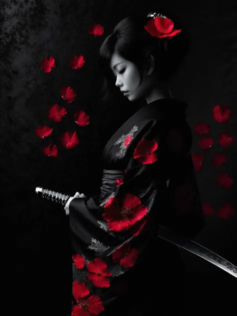 1girl, woman in black kimono, red rose petal pattern, engraved katana, <lora:SDXL_Black_Sa_May:0.4> black, <lora:add-detail-xl:0.8>, medium shot, <lora:Desolation:0.7>, high contrast, black alcantara background,