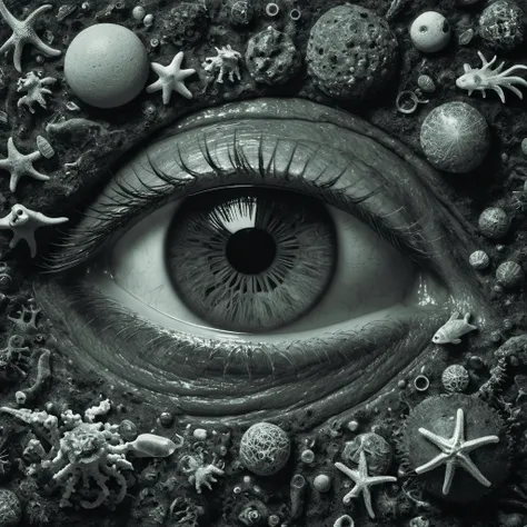 a black and white photo of a variety of sea life and filled with gundam mech equipment space station,a microscopic photo by ernst haeckel,zbrush central,kinetic pointillism,intricate patterns,photoillustration professional sharp focus 990,mkdrgs style <lora:mkdrgs:0.8> <lora:MindWarp:0.7> <lora:add-detail-xl:1.6> <lora:SDXL_Black_Sa_May:0.5>