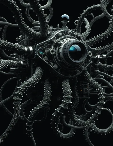 a black and white photo of variety of sea life as a hyperdetailed mech with electronic equipment space station,a microscopic photo haeckel,zbrush central,kinetic pointillism,intricate patterns,photoillustration dramatic,volumetric lighting,concept,multi colors,octane,hq,unreal engine 5,unity engine,<lora:MindWarp:0.8>,<lora:add-detail-xl:1.6>,by diegocr,<lora:SDXL_Black_Sa_May:0.7>,Roger Deakins Style <lora:Roger Deakins Style:0.6>