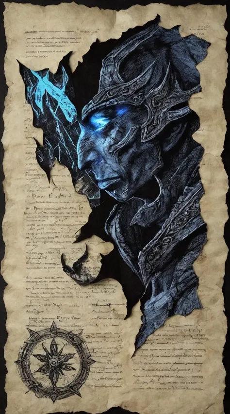 Skyrim, <lora:ParchartXL-1.5:0.8> on parchment, torn paper collage illustration, <lora:SDXL_Black_Sa_May:0.4> black <lora:blacklight_makeup_v2:0.1> blacklight makeup
