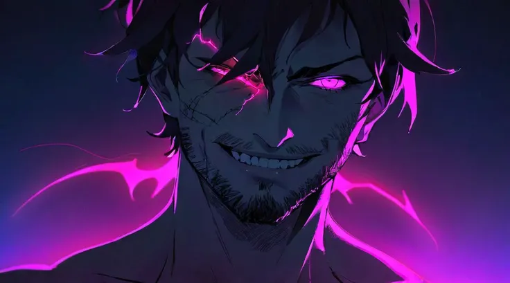 A stern male face covered with scars, stubble, devilish smile, an implant in one eye, neon light, gloomy face, <lora:SDXL_Black_Sa_May:0.8> black