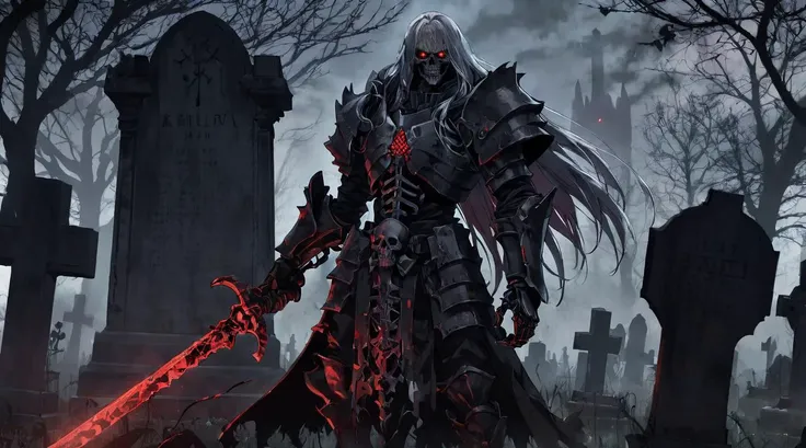 undead warrior with long gray hair in black rusty armor, a huge weapon in his hands, red light from his eyes, graves, crypts, cemetery, darkness, fog, evil face, anime style, digital art, best quality, 8k, detailed <lora:SDXL_Black_Sa_May:0.8> black