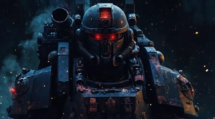 Atelier Olschinsky, a stern and strong general of an assault squad of space marines, heavy armor, removed helmet, stern face, detailed background, power, bursts of magical power, blood, ruins, shots, smoke, particles, <lora:SDXL_Black_Sa_May:0.8> black <lora:blacklight_makeup_v2:0.2> blacklight makeup